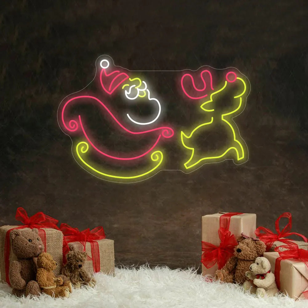 Santa Claus and Christmas Deer Merry Christmas LED neon sign glowing in festive colors by Neon.Shop.