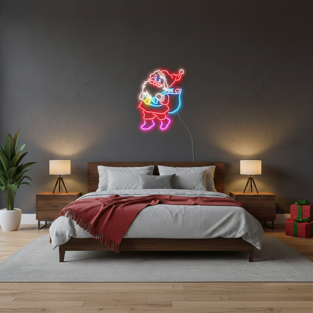 Santa Claus carrying a gift sack LED neon sign for Christmas décor by Neon.Shop.
