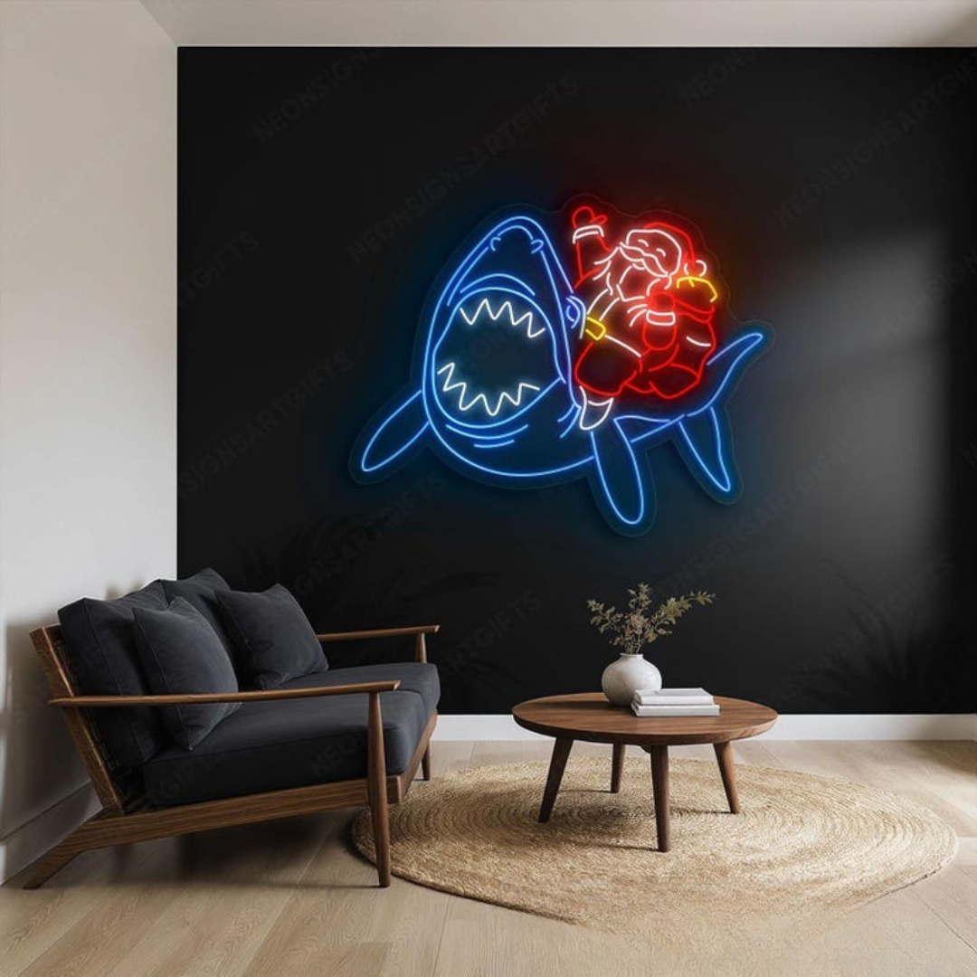 Santa Claus riding a shark Merry Christmas LED neon sign glowing in vibrant festive colors by Neon.Shop.