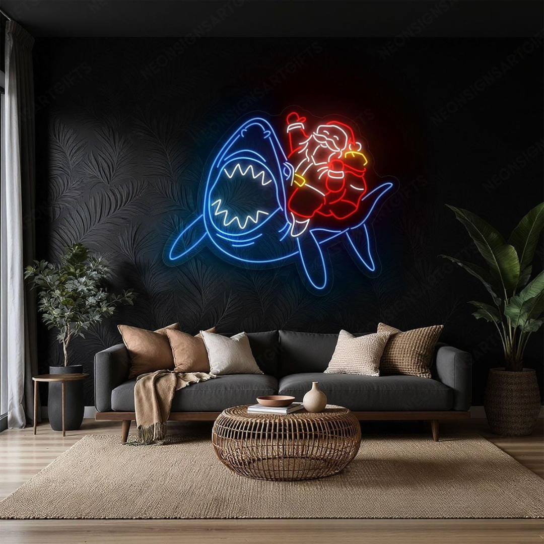 Santa Claus riding a shark Merry Christmas LED neon sign glowing in vibrant festive colors by Neon.Shop.