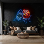 Santa Claus riding a shark Merry Christmas LED neon sign glowing in vibrant festive colors by Neon.Shop.