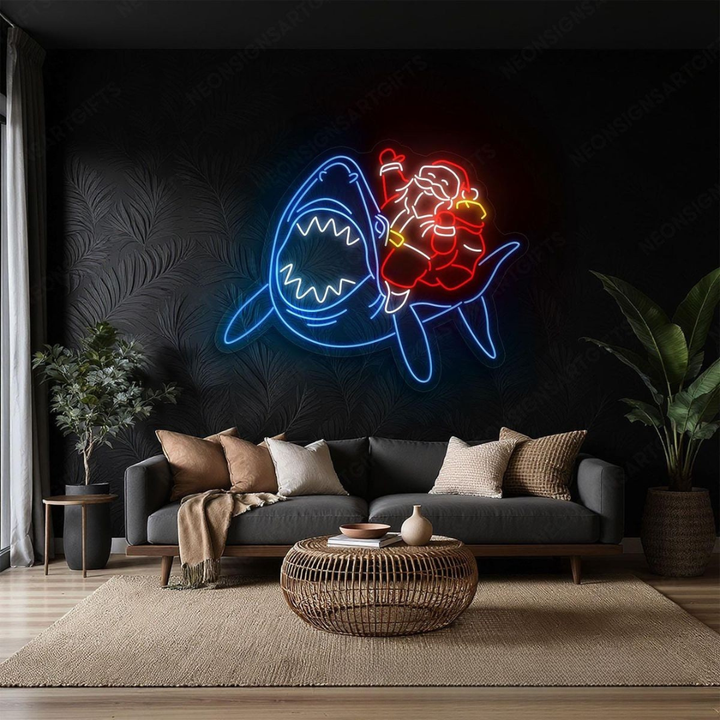 Santa Claus riding a shark Merry Christmas LED neon sign glowing in vibrant festive colors by Neon.Shop.