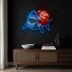 Santa Claus riding a shark Merry Christmas LED neon sign glowing in vibrant festive colors by Neon.Shop.