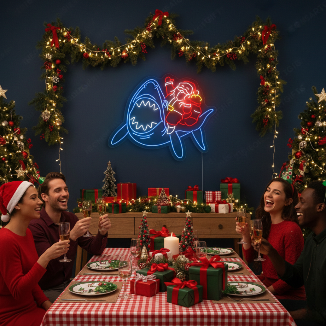 Santa Claus riding a shark Merry Christmas LED neon sign glowing in vibrant festive colors by Neon.Shop.