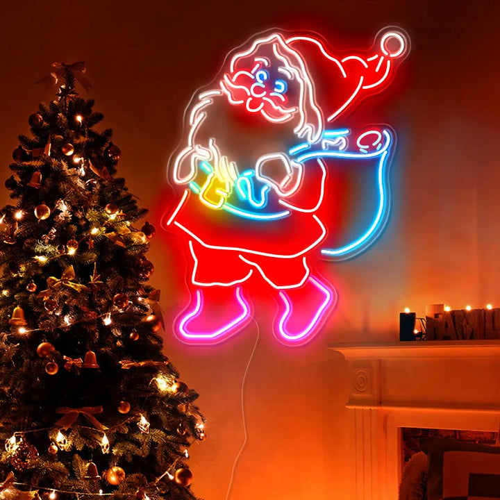 Santa Claus with Sack Neon Sign by manhattanneons.com - Bring festive cheer to your space with this Santa Claus neon sign.