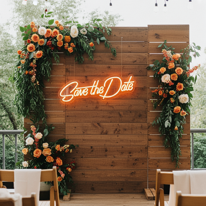 Save The Date wedding LED neon sign glowing on engagement backdrop – Neon.Shop