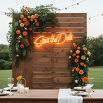 Save The Date wedding LED neon sign glowing on engagement backdrop – Neon.Shop