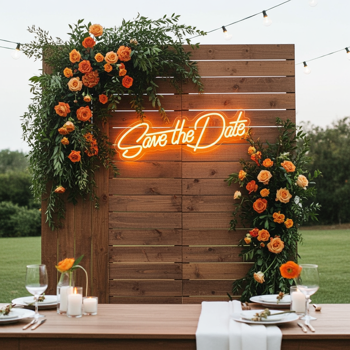 Save The Date wedding LED neon sign glowing on engagement backdrop – Neon.Shop