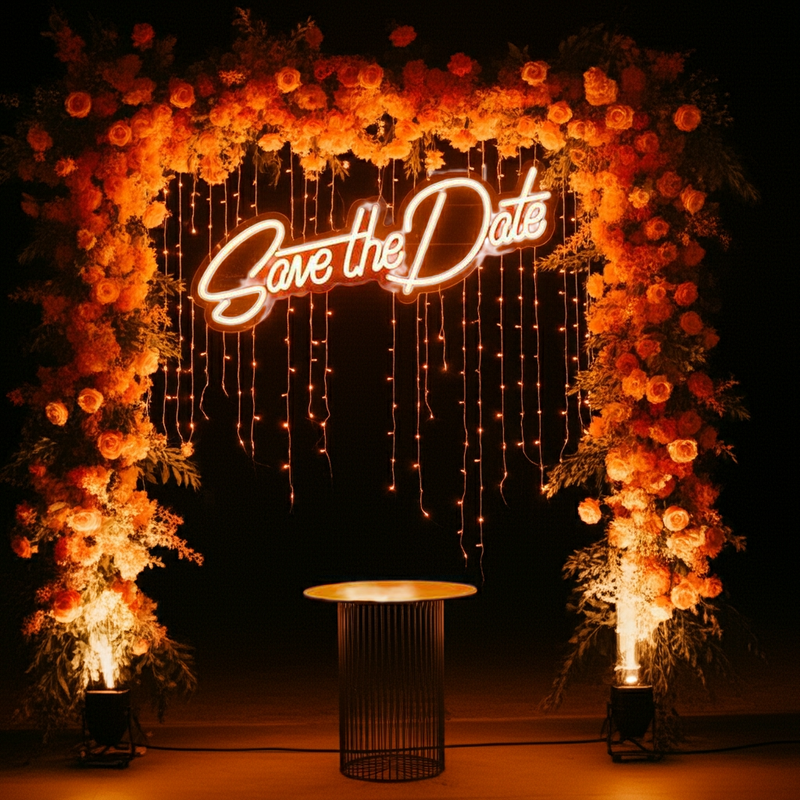 Save The Date wedding LED neon sign glowing on engagement backdrop – Neon.Shop