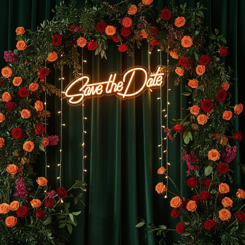 Save The Date wedding LED neon sign glowing on engagement backdrop – Neon.Shop