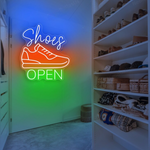 Shoes Open Business Neon Sign by Neon.Shop glowing brightly for shoe store visibility