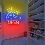 Shoes Open Business Neon Sign by Neon.Shop glowing brightly for shoe store visibility