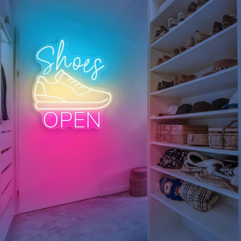 Shoes Open Business Neon Sign by Neon.Shop glowing brightly for shoe store visibility