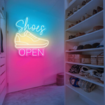 Shoes Open Business Neon Sign by Neon.Shop glowing brightly for shoe store visibility