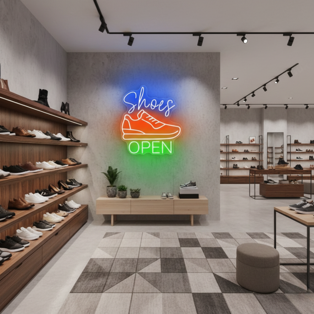 Shoes Open Business Neon Sign by Neon.Shop glowing brightly for shoe store visibility