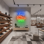 Shoes Open Business Neon Sign by Neon.Shop glowing brightly for shoe store visibility