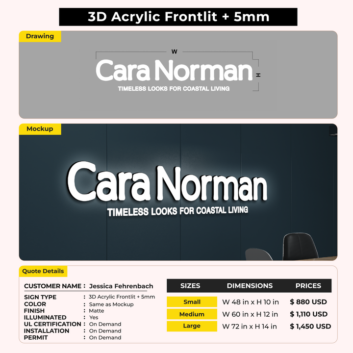 3D acrylic Frontlit Signs for Jessica Fehrenbach