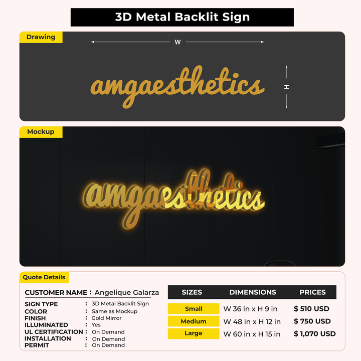 3D Metal Back-lit Sign For Angelique Galarza