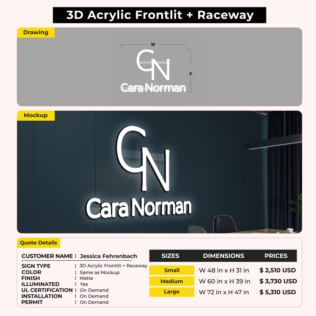 3D acrylic Frontlit Signs for Jessica Fehrenbach