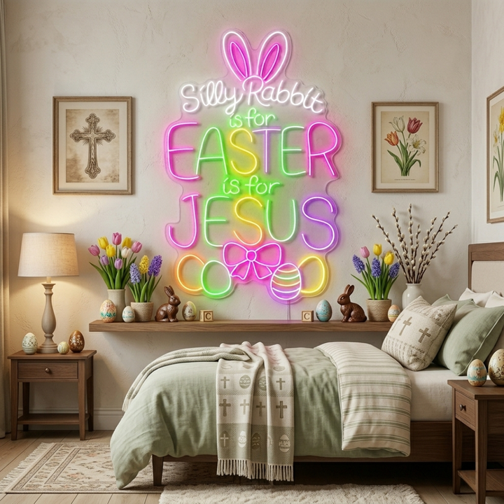 “Silly Rabbits is for Easter, Is For Jesus” LED Neon Sign glowing Easter quote sign by Neon.shop