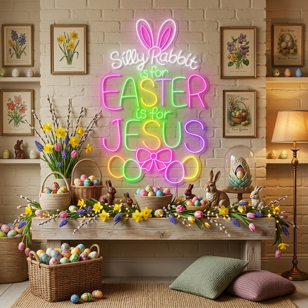 “Silly Rabbits is for Easter, Is For Jesus”LED Neon Sign glowing Easter quote sign by Neon.shop