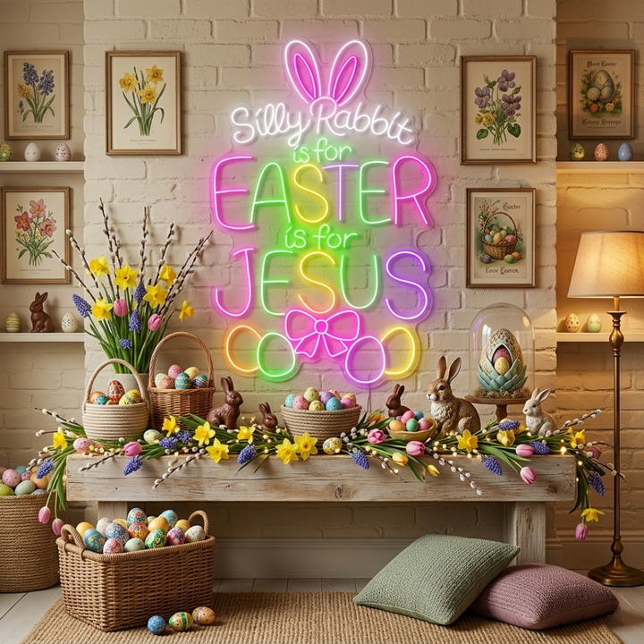 “Silly Rabbits is for Easter, Is For Jesus”LED Neon Sign glowing Easter quote sign by Neon.shop