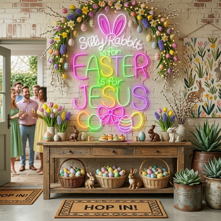 “Silly Rabbits is for Easter, Is For Jesus”LED Neon Sign glowing Easter quote sign by Neon.shop