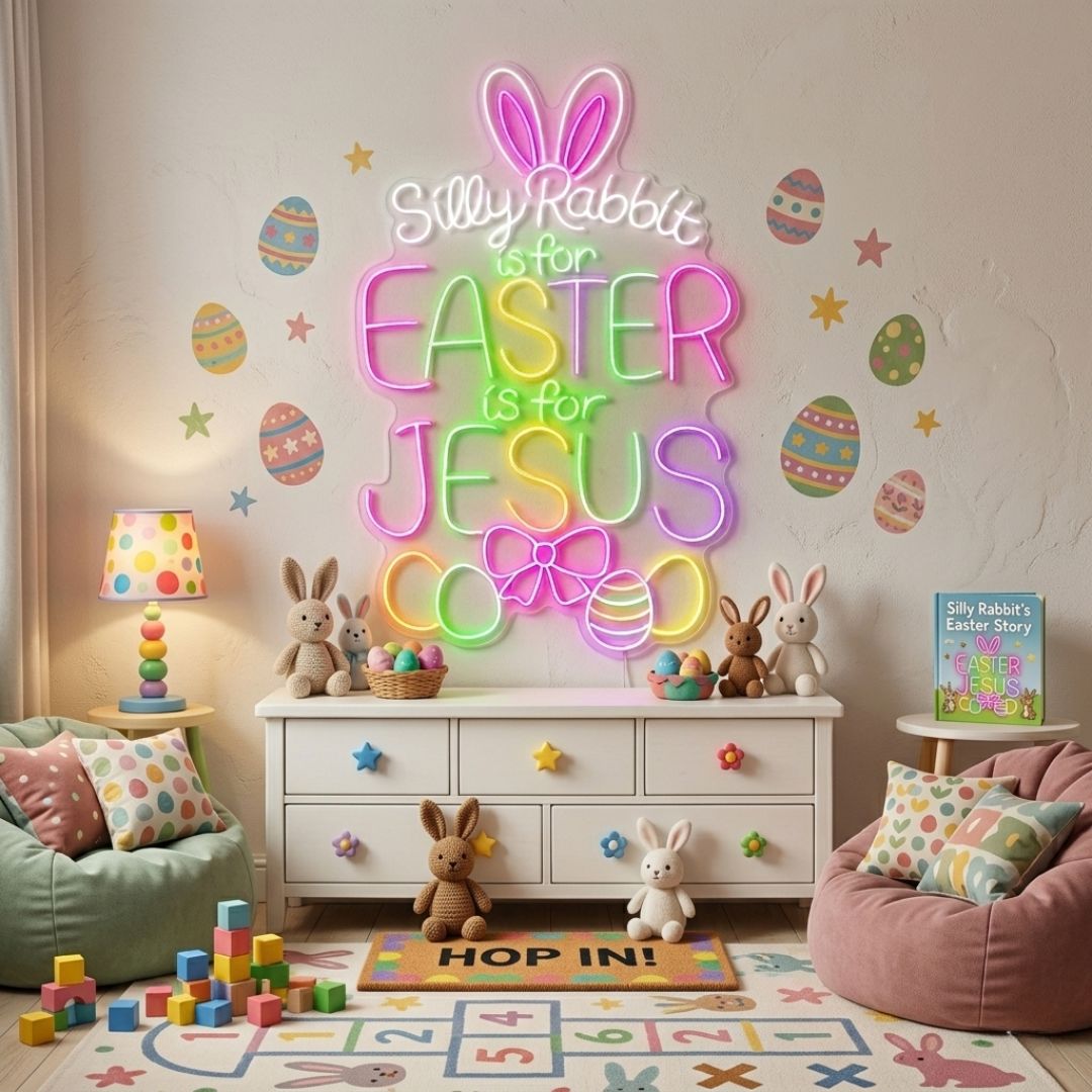 “Silly Rabbits is for Easter, Is For Jesus”LED Neon Sign glowing Easter quote sign by Neon.shop