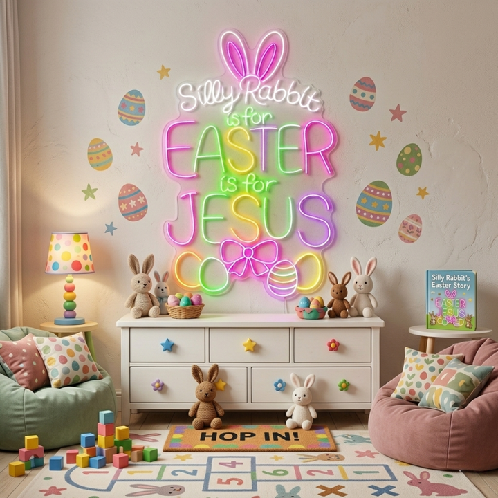 “Silly Rabbits is for Easter, Is For Jesus”LED Neon Sign glowing Easter quote sign by Neon.shop