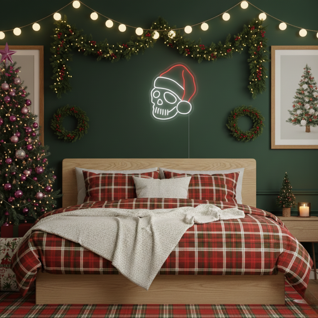 Skeleton Merry Christmas LED neon sign glowing in festive colors by Neon.Shop.