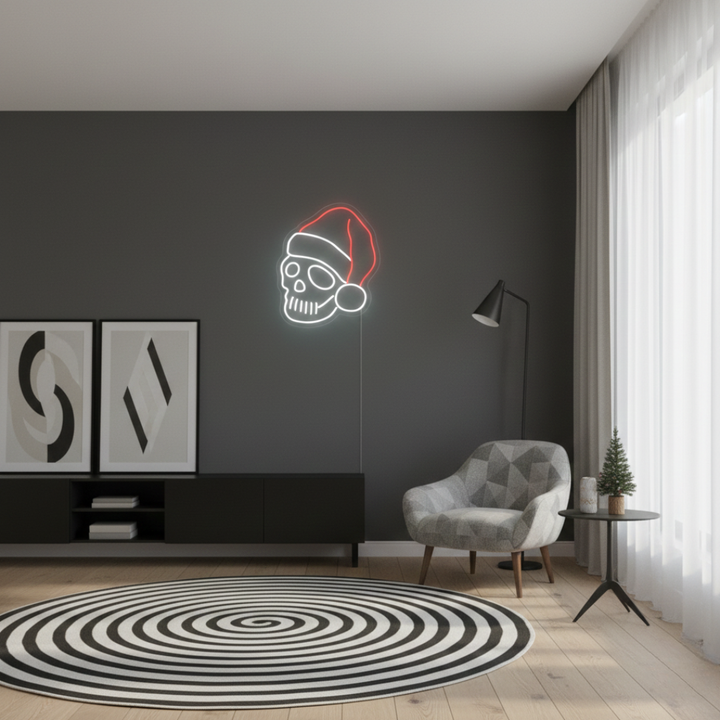 Skeleton Merry Christmas LED neon sign glowing in festive colors by Neon.Shop.