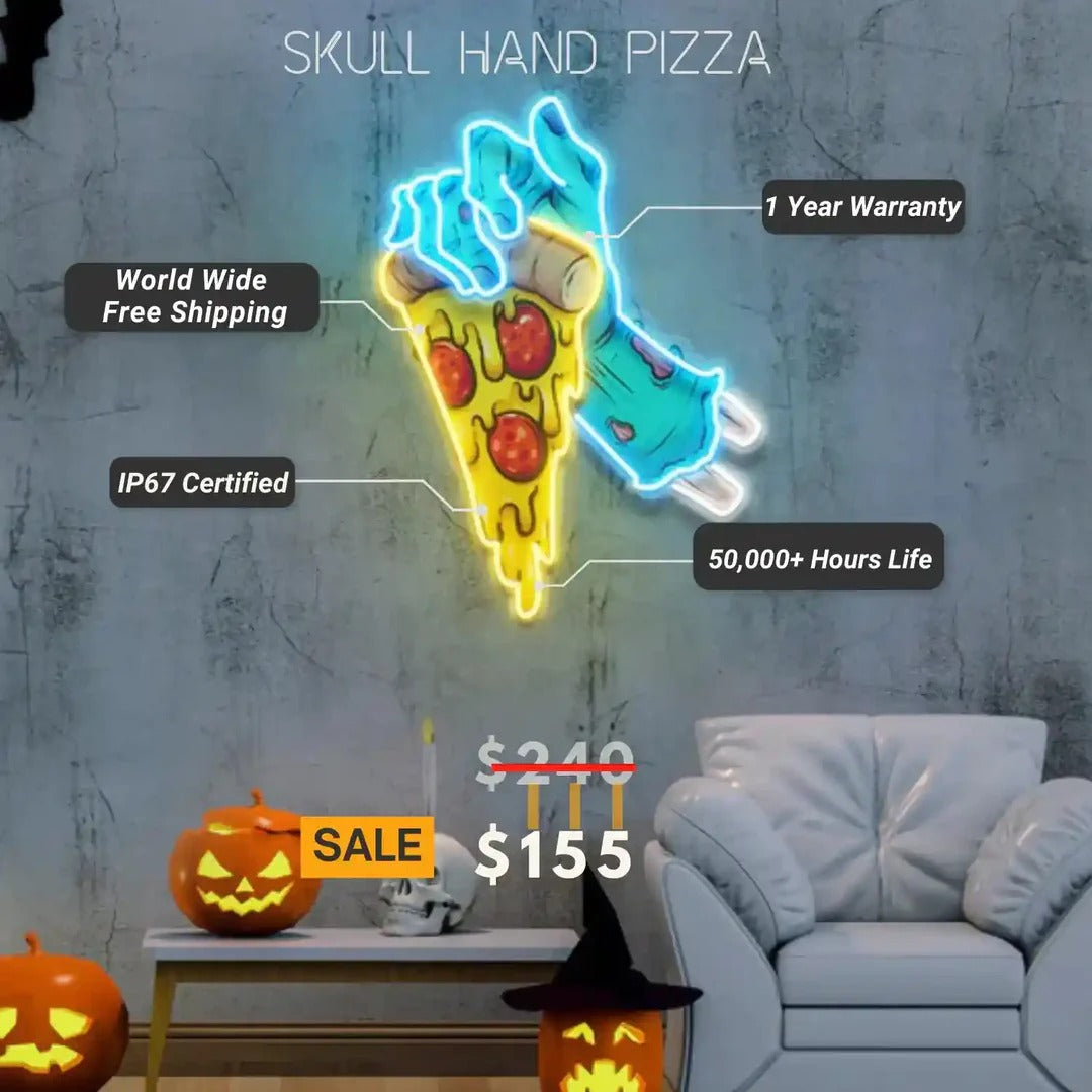 Skull Hand Pizza Halloween LED Neon Sign
