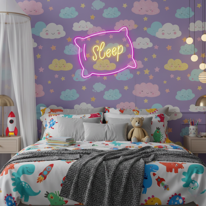 Sleep Pillow LED Neon Sign displayed in nursery or kids room by Neon.Shop