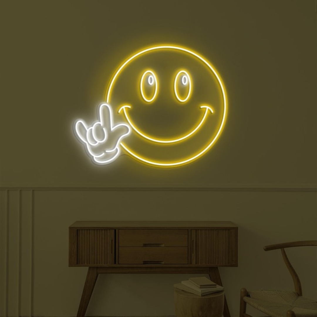 Smiley Happy Face Hand LED Neon Sign displayed in bedroom or game room by Neon.Shop
