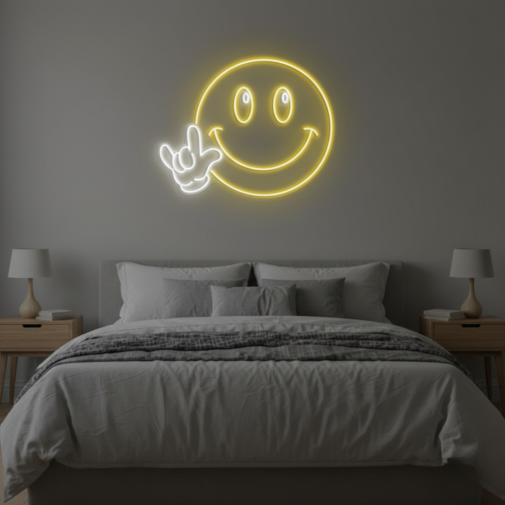 Smiley Happy Face Hand LED Neon Sign displayed in bedroom or game room by Neon.Shop