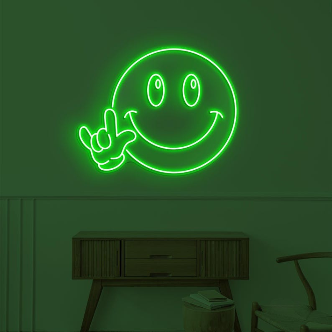 Smiley Happy Face Hand LED Neon Sign displayed in bedroom or game room by Neon.Shop