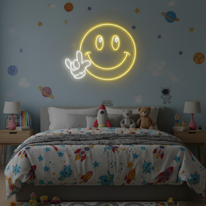 Smiley Happy Face Hand LED Neon Sign displayed in bedroom or game room by Neon.Shop