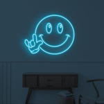 Smiley Happy Face Hand LED Neon Sign displayed in bedroom or game room by Neon.Shop
