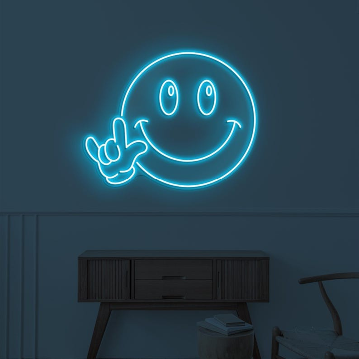 Smiley Happy Face Hand LED Neon Sign displayed in bedroom or game room by Neon.Shop