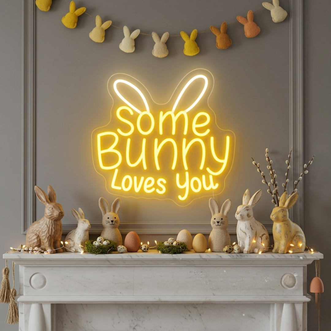 Some Bunny Loves You Easter LED neon sign glowing on wall with cute bunny themed design for Easter party setup by Neon.Shop.