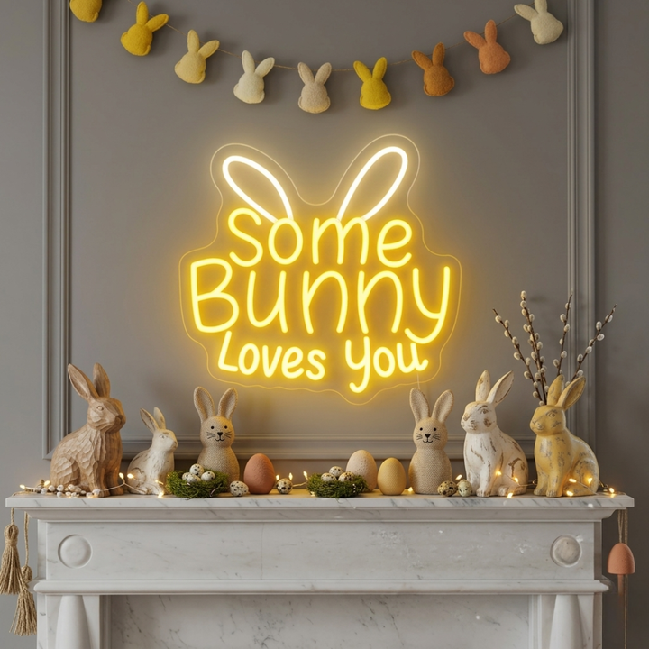 Some Bunny Loves You Easter LED neon sign glowing on wall with cute bunny themed design for Easter party setup by Neon.Shop.