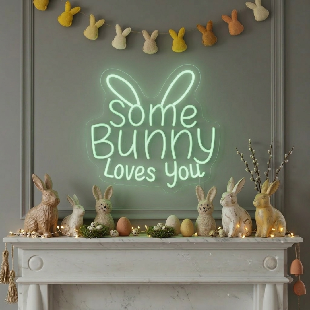 Some Bunny Loves You Easter LED neon sign glowing on wall with cute bunny themed design for Easter party setup by Neon.Shop.