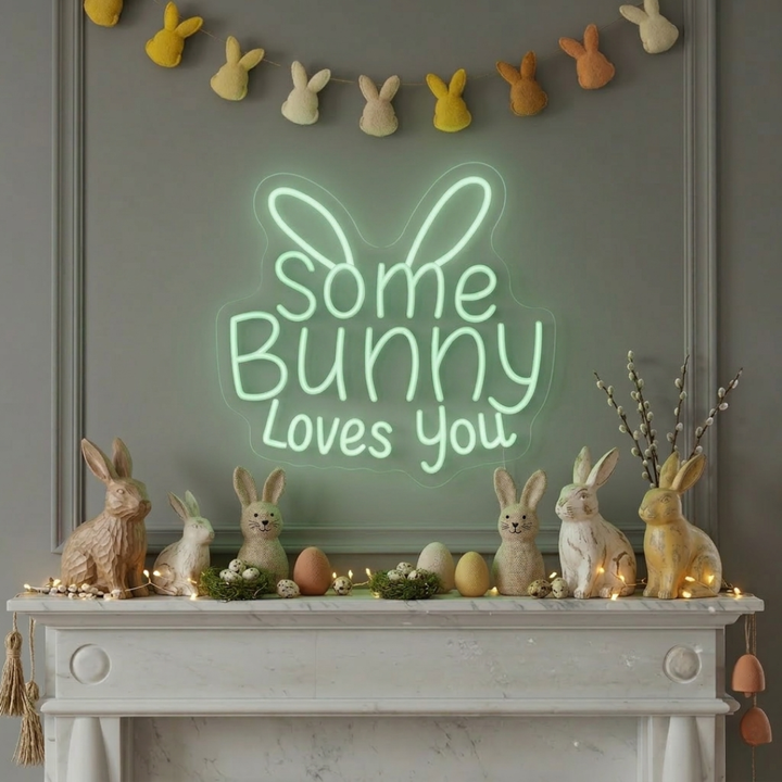 Some Bunny Loves You Easter LED neon sign glowing on wall with cute bunny themed design for Easter party setup by Neon.Shop.
