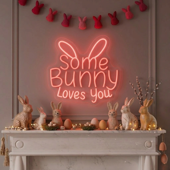 Some Bunny Loves You Easter LED neon sign glowing on wall with cute bunny themed design for Easter party setup by Neon.Shop.