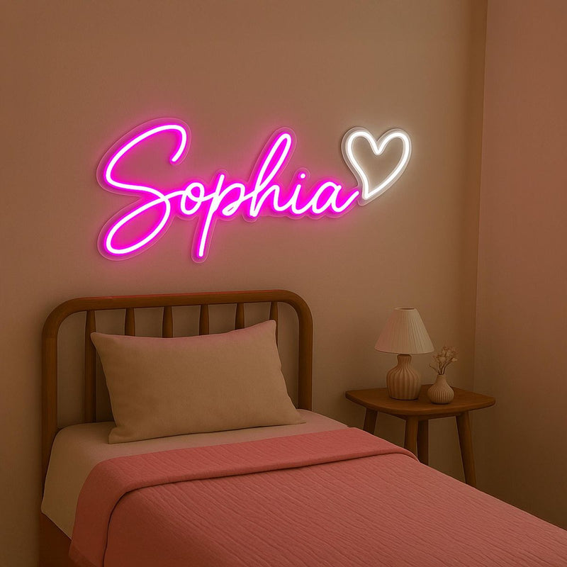 SOPHIA LED Neon Name Sign by Neon.Shop adding vibrant LED glow to bedrooms, home offices, and living spaces.