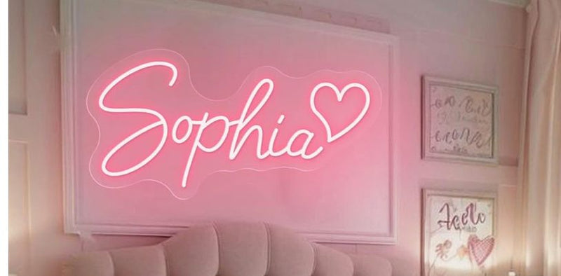 SOPHIA LED Neon Name Sign by Neon.Shop adding vibrant LED glow to bedrooms, home offices, and living spaces.