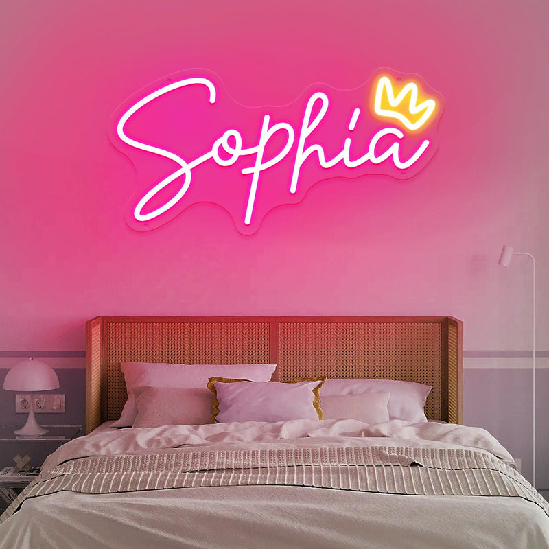 SOPHIA LED Neon Name Sign by Neon.Shop adding vibrant LED glow to bedrooms, home offices, and living spaces.