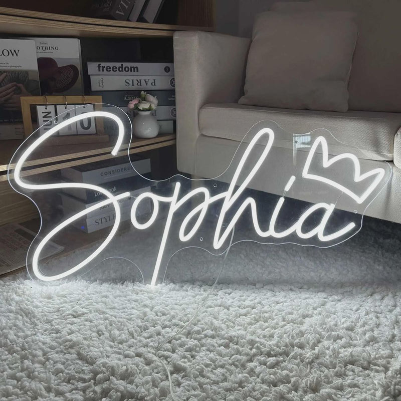 SOPHIA LED Neon Name Sign by Neon.Shop adding vibrant LED glow to bedrooms, home offices, and living spaces.