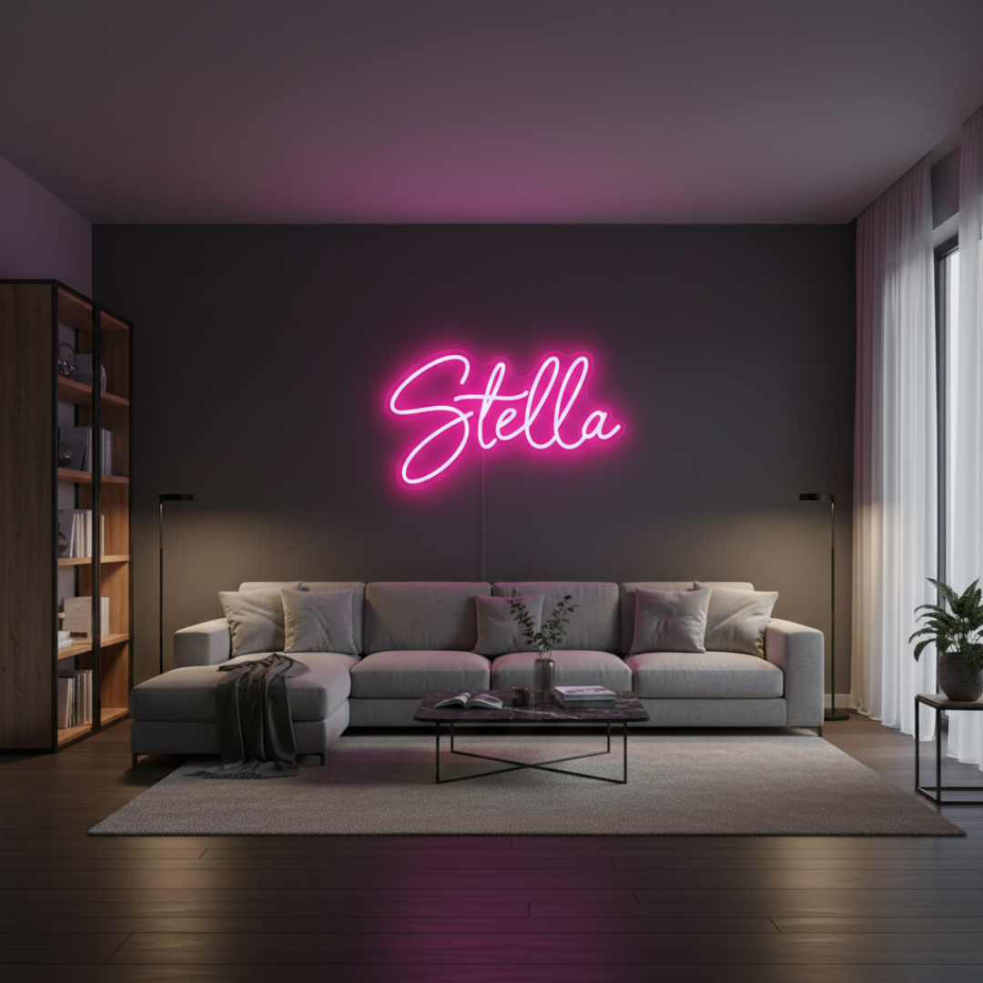 Stella Name LED Neon Sign in customizable LED tubing, personalized wall-mounted name light décor by Neon.Shop for bedrooms, events, and gifts.
