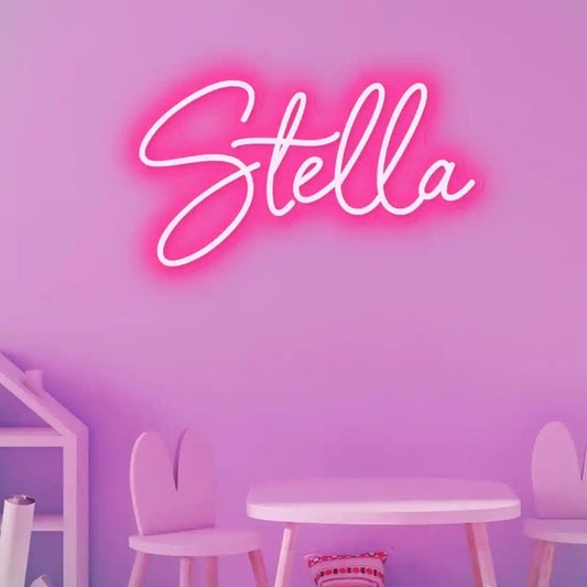 Stella Name LED Neon Sign in customizable LED tubing, personalized wall-mounted name light décor by Neon.Shop for bedrooms, events, and gifts.